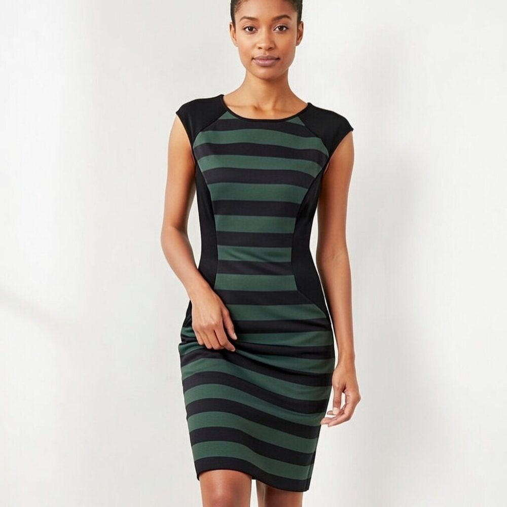 Vince Camuto Green Black Striped Colorblock Sheath Dress 8 Slimming Career